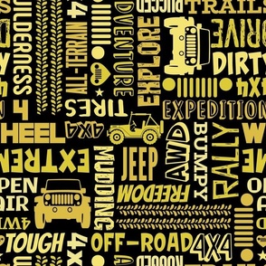 Large Scale 4x4 Adventures Word Cloud Off Road Jeep Vehicles in Yellow Gold and Black