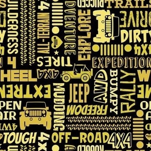 Medium Scale 4x4 Adventures Word Cloud Off Road Jeep Vehicles in Yellow Gold and Black