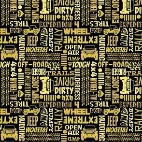 Small Scale 4x4 Adventures Word Cloud Off Road Jeep Vehicles in Yellow Gold and Black