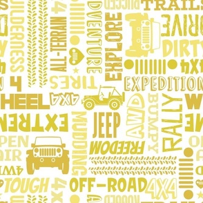 Large Scale 4x4 Adventures Word Cloud Off Road Jeep Vehicles in Yellow Gold and White