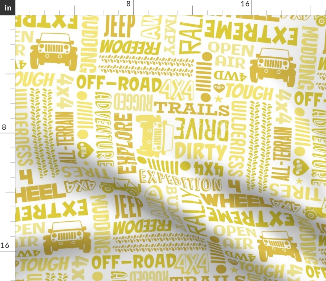 Large Scale 4x4 Adventures Word Cloud Off Road Jeep Vehicles in Yellow Gold and White