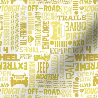 Medium Scale 4x4 Adventures Word Cloud Off Road Jeep Vehicles in Yellow Gold and White