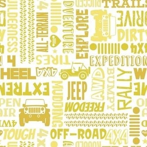Medium Scale 4x4 Adventures Word Cloud Off Road Jeep Vehicles in Yellow Gold and White