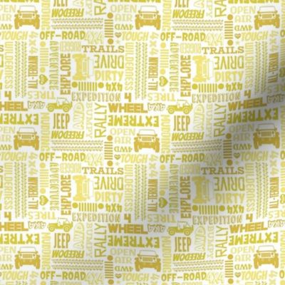 Small Scale 4x4 Adventures Word Cloud Off Road Jeep Vehicles in Yellow Gold and White