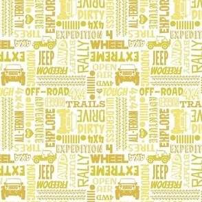 Small Scale 4x4 Adventures Word Cloud Off Road Jeep Vehicles in Yellow Gold and White