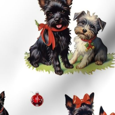 Vintage 1950s Christmas Scotty Dog Holiday Puppy Dog Black Red on White Background