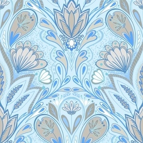 art deco floral fanfare light blue wallpaper scale