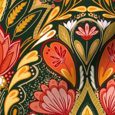 art deco floral fanfare orange wallpaper scale