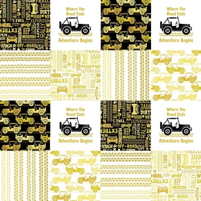 Bigger Scale Patchwork 6" Squares 4x4 Adventures Off Road Jeep Vehicles in Yellow Gold and Black for Cheater Quilt or Blanket