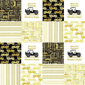 Smaller Scale Patchwork 6" Squares 4x4 Adventures Off Road Jeep Vehicles in Yellow Gold and Black for Cheater Quilt or Blanket
