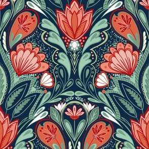 art deco floral fanfare teal wallpaper scale