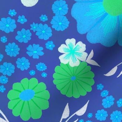 Spring Floral in Cool Blue with Green and White // Larger Scale