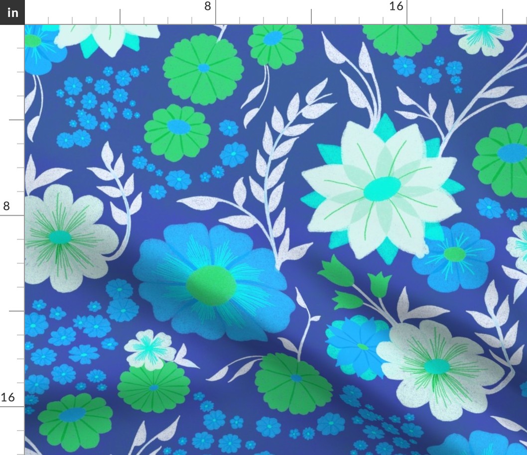 Spring Floral in Cool Blue with Green and White // Large Scale