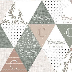 Compton: Nickainley Font on 6" triangle wholecloth: mauve, laurel, taupe