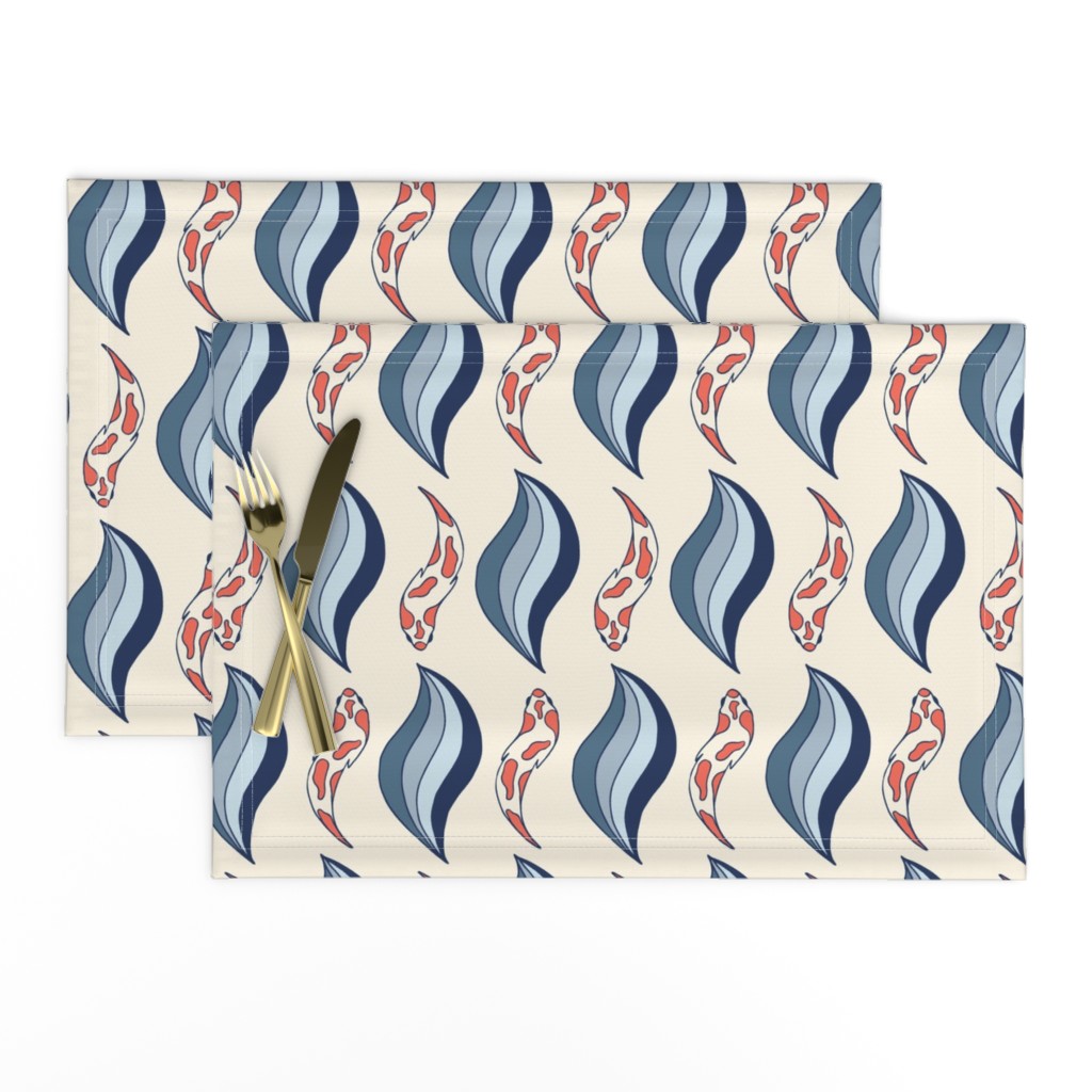 Koi Fish and Waves - Under the Sea - Coastal Chic Collection - Coral and Blue - Ivory BG