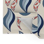 Koi Fish and Waves - Under the Sea - Coastal Chic Collection - Coral and Blue - Ivory BG