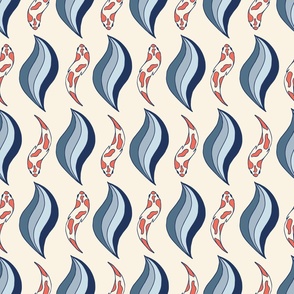 Koi Fish and Waves - Under the Sea - Coastal Chic Collection - Coral and Blue - Ivory BG