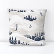 Mountain Skiers on the Slopes Skiing in the Snowy Pines Cross Country Blue and Warm Gray Great Outdoors