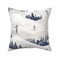 Mountain Skiers on the Slopes Skiing in the Snowy Pines Cross Country Blue and Warm Gray Great Outdoors