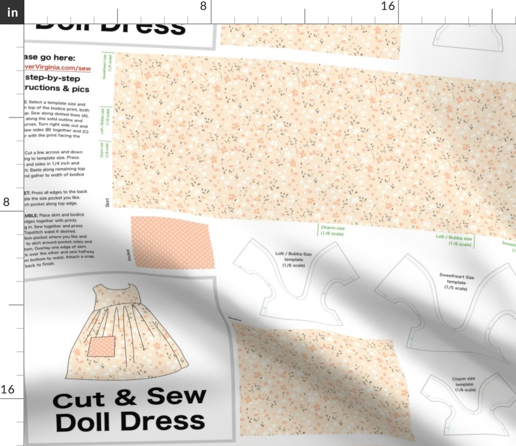   Cut & Sew Dress (Tiny Flowers in Peach White Ginger) on FAT QUARTER for Forever Virginia Dolls and other 1/8, 1/6 and 1/5 scale child dolls // little small scale tiny mini micro doll