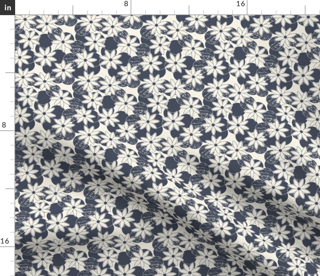 Navy Blue Floral Texture Dots Circles Wallpaper