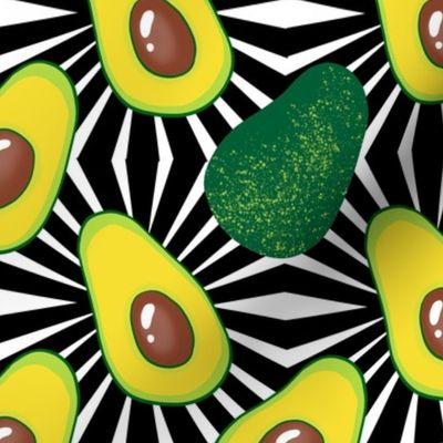 Avocados on black and white pattern
