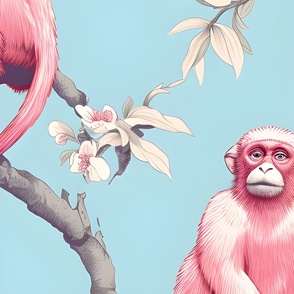 Pink Monkeys on Branches, whimsical, blossoms, quirky