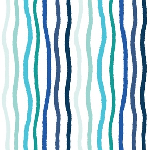 Large - Wavy Hand Drawn Blue Tone Stripes - pale blue, teal to navy 