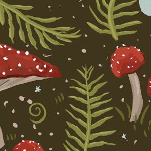 48" Red Mushrooms, Ferns and Moths on Dark Green - Dark Botanical Woodland Aesthetics 