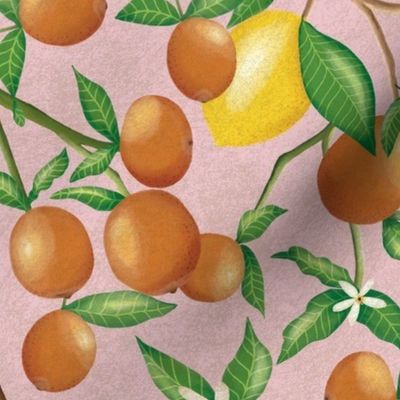 12 in (Size Medium) art nouveau citrus fruits and  branches on textured blush pink 