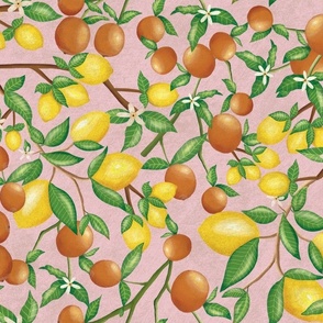 12 in (Size Medium) art nouveau citrus fruits and  branches on textured blush pink 