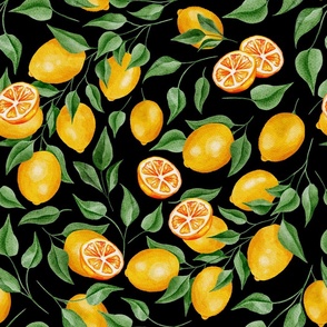Vintage Lemons and Lemon Leaves on Black - Watercolor Hand-painted Seamless Pattern Large Scale