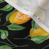 Vintage Lemons and Lemon Leaves on Black - Watercolor Hand-painted Seamless Pattern Small Scale