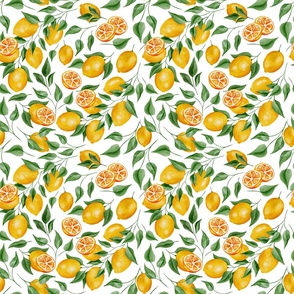 Vintage Lemons and Lemon Leaves on White  - Watercolor Hand-painted Seamless Pattern Small Scale