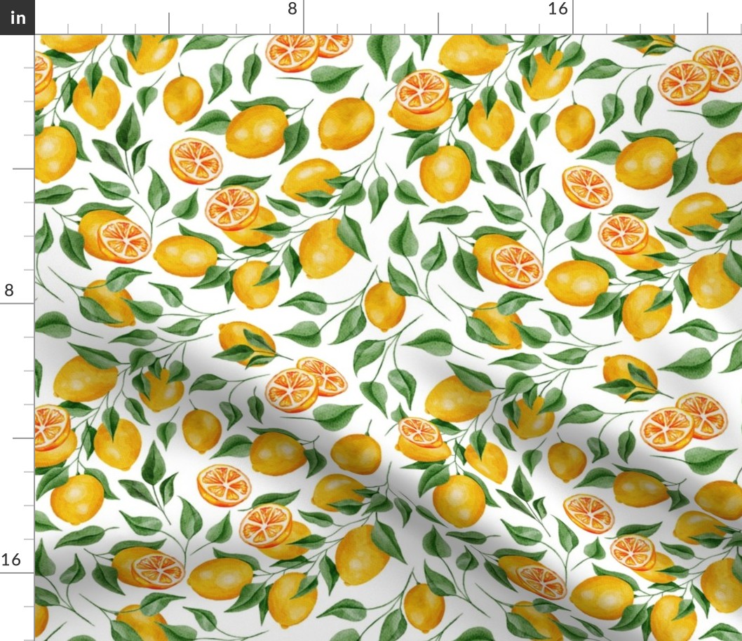 Vintage Lemons and Lemon Leaves on White  - Watercolor Hand-painted Seamless Pattern Small Scale