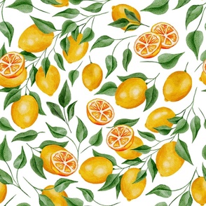 Vintage Lemons and Lemon Leaves on White  - Watercolor Hand-painted Seamless Pattern Large Scale