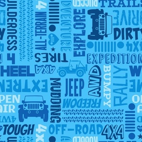 Large Scale 4x4 Adventures Word Cloud Off Road Jeep Vehicles in Blue