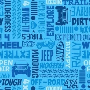 Medium Scale 4x4 Adventures Word Cloud Off Road Jeep Vehicles in Blue