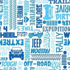 Large Scale 4x4 Adventures Word Cloud Off Road Jeep Vehicles in Blue and White