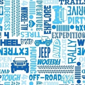 Medium Scale 4x4 Adventures Word Cloud Off Jeep Road Vehicles in Blue and White