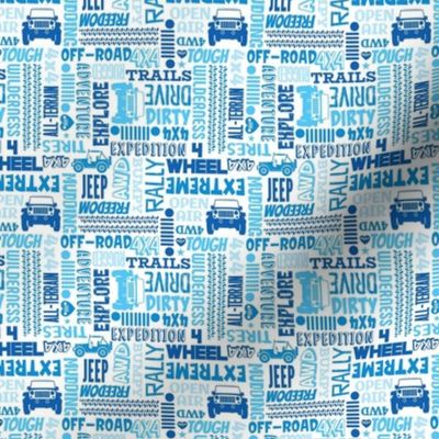 Small Scale 4x4 Adventures Word Cloud Off Road Jeep Vehicles in Blue and White