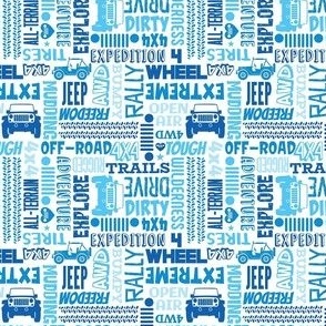 Small Scale 4x4 Adventures Word Cloud Off Road Jeep Vehicles in Blue and White