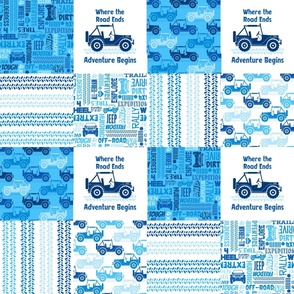Bigger Patchwork 6"Squares 4x4 Adventures Off Road Jeep Vehicles in Blue and White for Cheater Quilt or Blanket