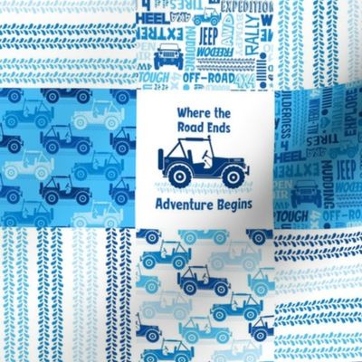 Smaller Patchwork 3"Squares 4x4 Adventures Off Road Jeep Vehicles in Blue and White for Cheater Quilt or Blanket