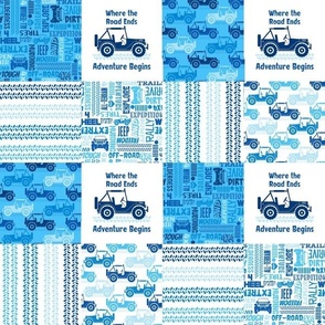 Smaller Patchwork 3"Squares 4x4 Adventures Off Road Jeep Vehicles in Blue and White for Cheater Quilt or Blanket