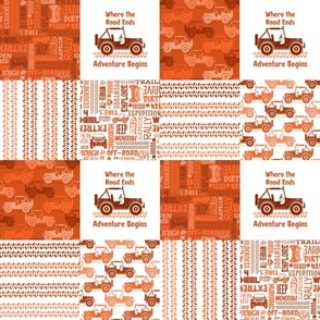 Bigger Patchwork 6" Squares 4x4 Adventures Off Road Jeep Vehicles in Orange for Cheater Quilt or Blanket