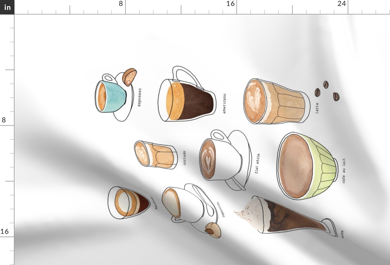 Espresso Drinks - watercolor drawing - Tea Towel