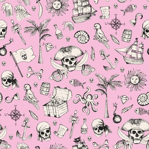 Pirates & Treasure chest island adventures ivory on pink kids boho wallpaper LARGE 