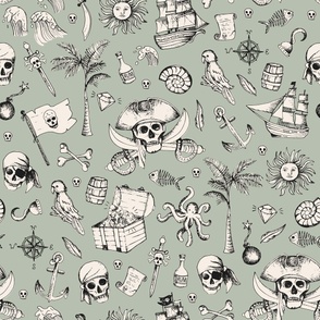 Pirates & Treasure chest island adventures ivory on mist green kids boho wallpaper LARGE 