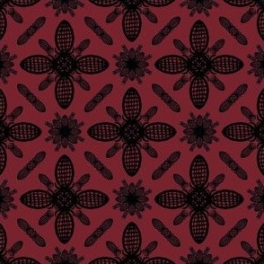 Monochrome Basket Flowers Grid - Claret 77222c